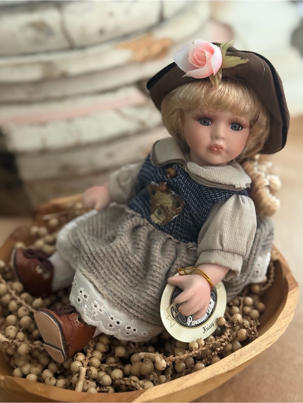 Brand NEW Vintage Collectible Memories Porcelain Doll in Neutral Layered Outfit